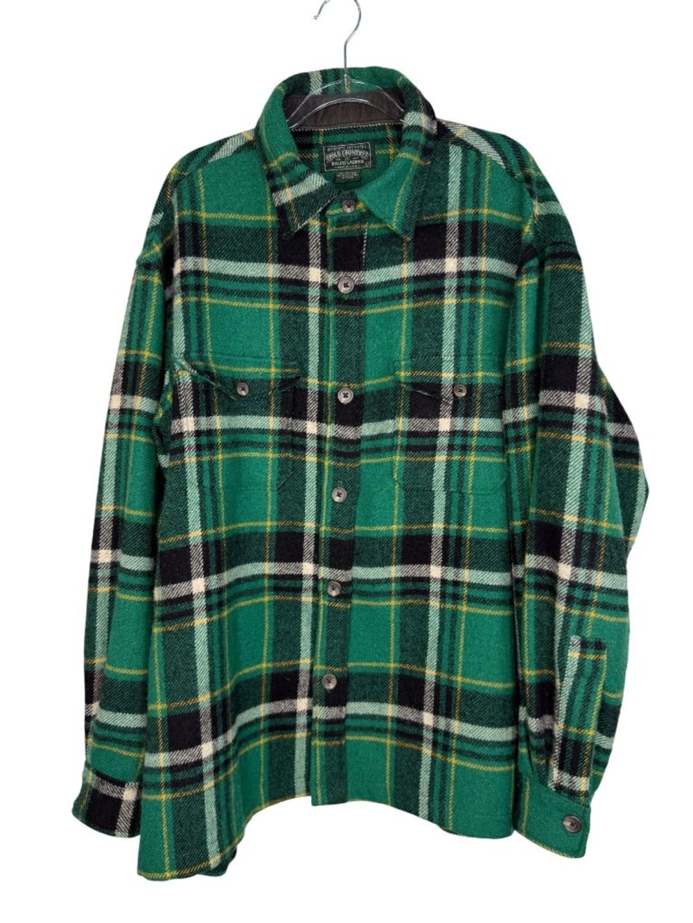 Vintage Polo Country Ralph Lauren Wool Overshirt in Green & Black Plaid Large